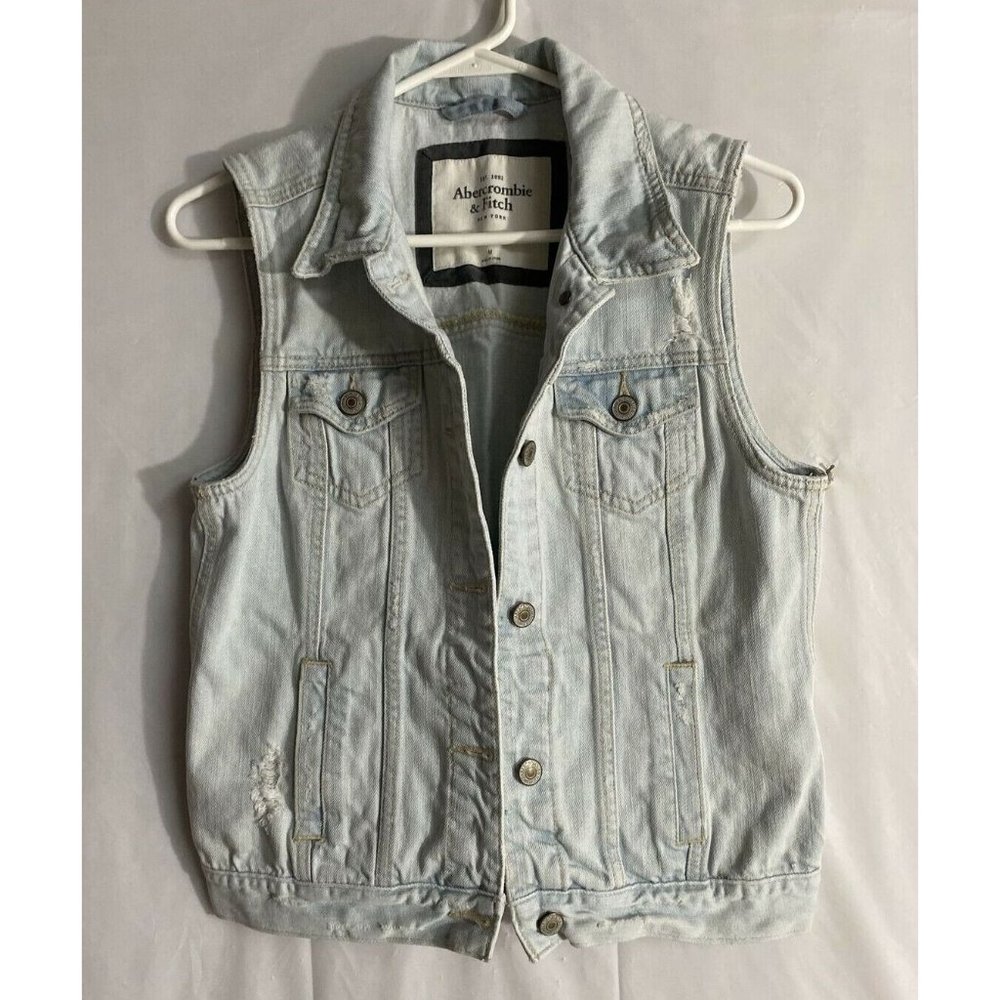 Abercrombie & Fitch Womens Jean Denim Vest Light Blue Pockets Distressed Medium